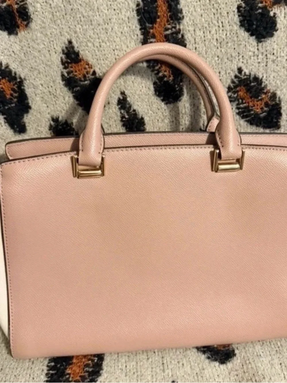 Michael Kors Pale Pink and White Saffiano Leather Satchel with Gold Chain